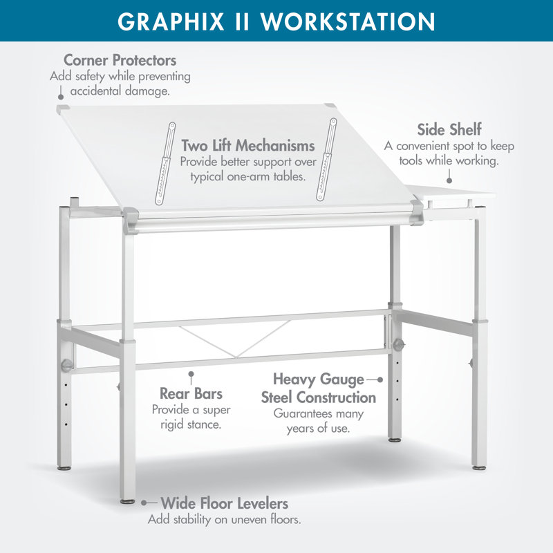 Cowie Adjustable Metal Base Drafting Table, 54" W x 31.5" D