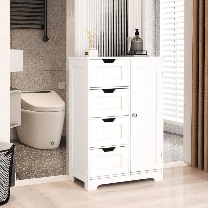 White Cabinet For Bathroom Storage - 4 Drawers And 1 Door With Adjustable Shelves Heavy Use Freestanding Functionality