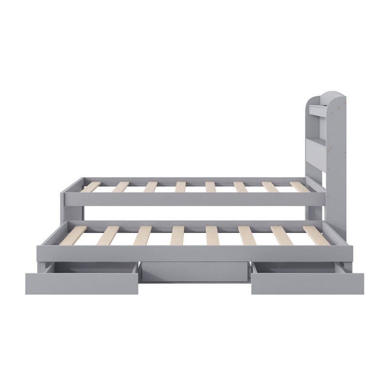 Lit plateforme simple TG avec tête de rangement à DEL, station de charge, lit gigogne simple et 2 tiroirs, Gris