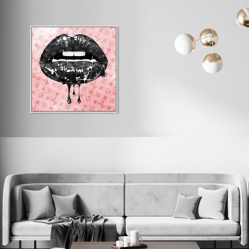Fashion and Glam Noir and Blush Lips - impression d'art graphique, H 30 po x l 30 po x 1,5 po, Toile blanche encadrée