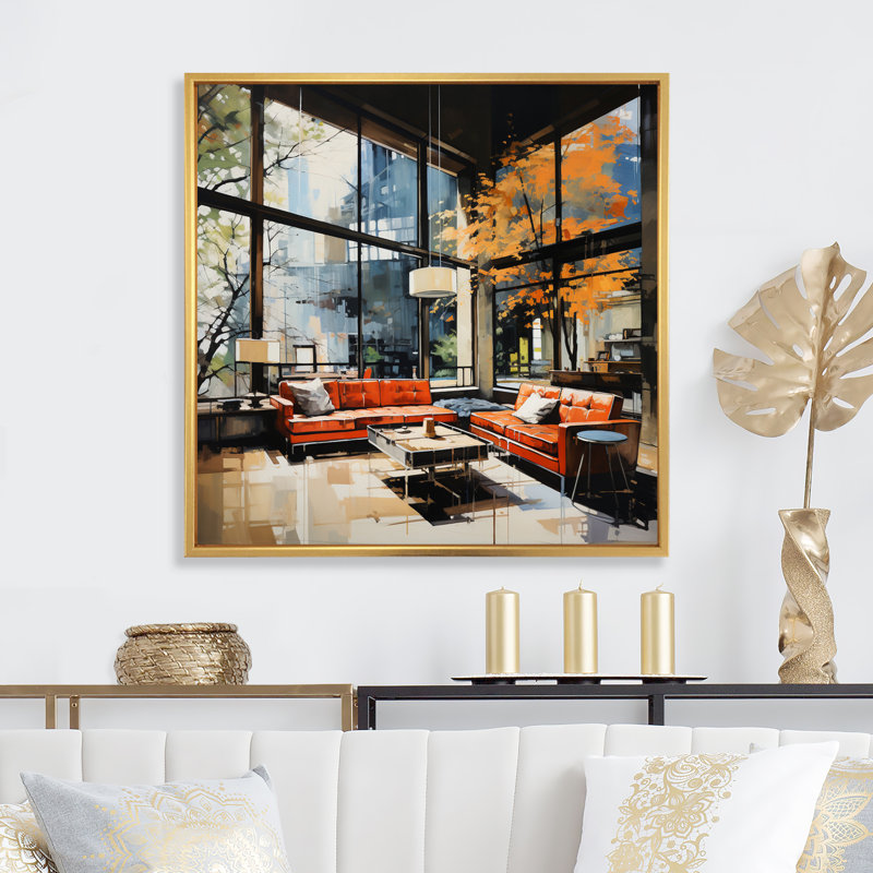 Corail noir Mid Century Elegance I - imprimé, Cadre flottant doré, H 30 po x l 30 po x P 1 po