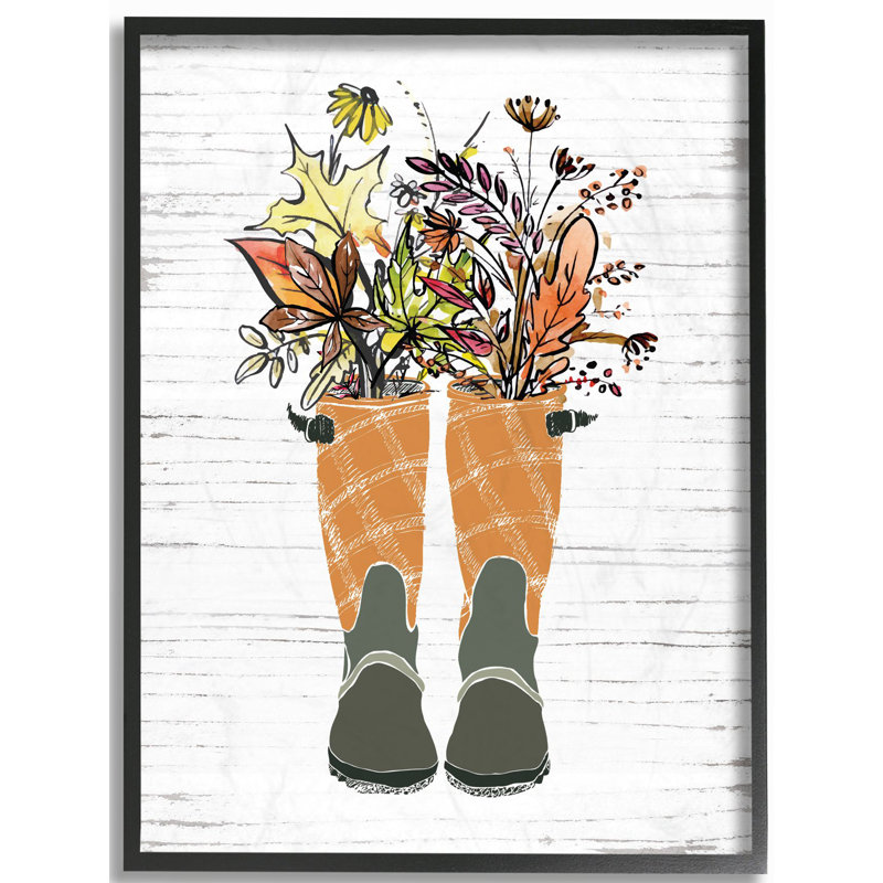 « automne feuillage bottes, automne saisonnier design », art textuel, H 20 po x l 16 po, Giclée encadrée noir minuit