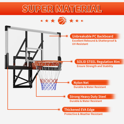 54" Wall Mounted Basketball Hoop 8-10 FT Adjustable Height Shatterproof PC Backboard Basketball Goal with 18 Inch Solid Rim for Indoor & Outdoor Use