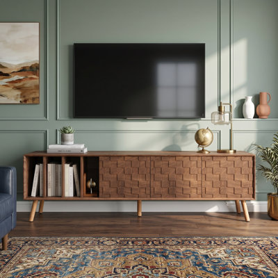 Meuble télé 70 po Mid-Century, console multimédia pour téléviseurs de 75 po ou moins, centre de divertissement avec 5 pieds en bois massif, structure hybride robuste et durable, grand espace de rangement multizone
