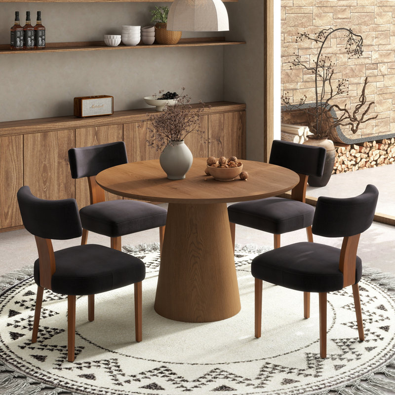 Round Pedestal Dining Set Mid-Century Modern Wooden Table & Upholstered Chair Set For Home, Kitchen, Dining Room, Walnut