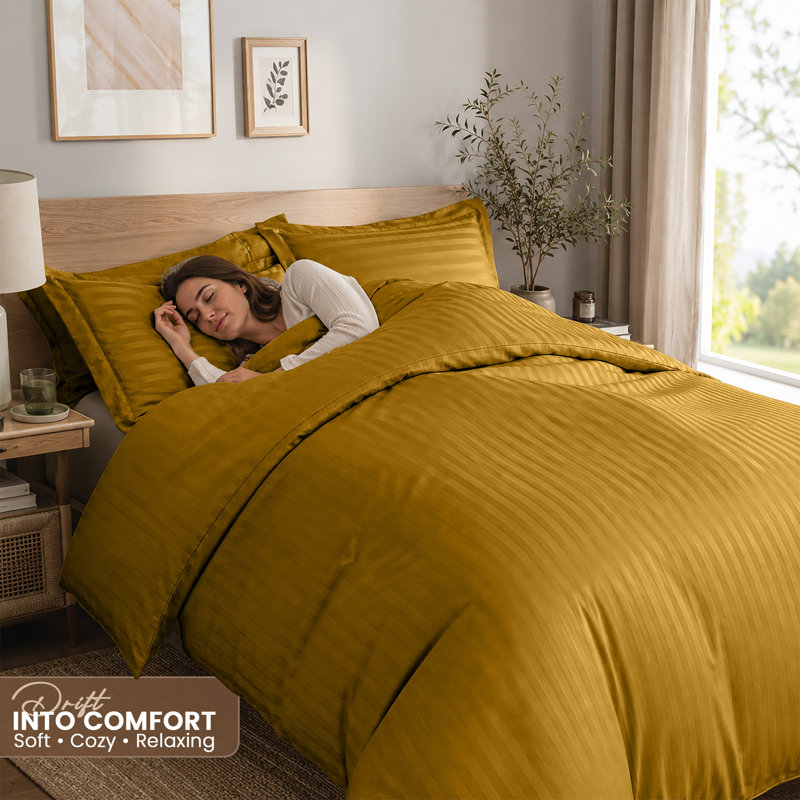 Imperial Homeware London Microfiber Striped Duvet Cover Set with Pillowcases Included, Ochre