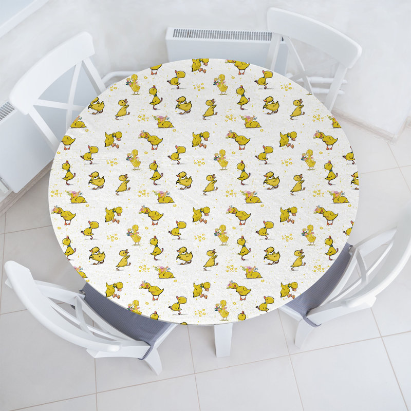 Cartoon Fitted Round Tablecloth White and Mustard, 51.97" Round