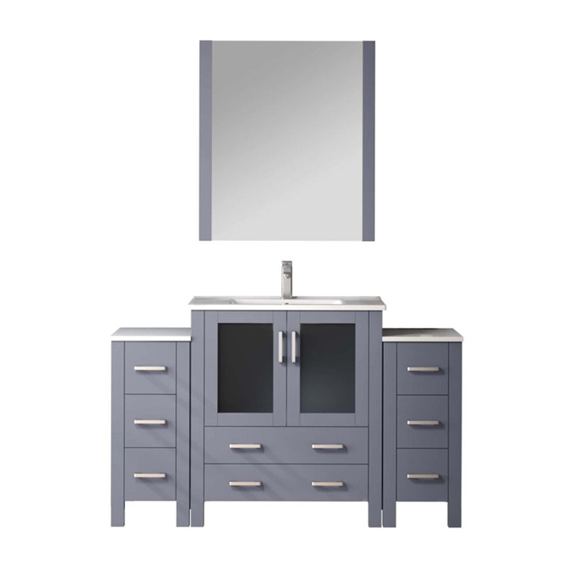 Gris foncé 54 po Meuble-lavabo simple de largeur avec salle de bain avec mise à niveau des armoires latérales, lavabo en céramique blanche, robinet et miroir en forme de fusée de 28 po, armoires ouvertes dans le comptoir, comptoir de lavabo, teinte trou convexe