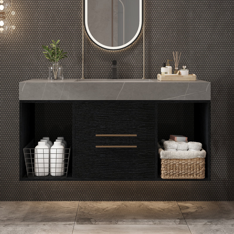 Meuble-lavabo flottant contemporain Avelyn, Noir, Gris