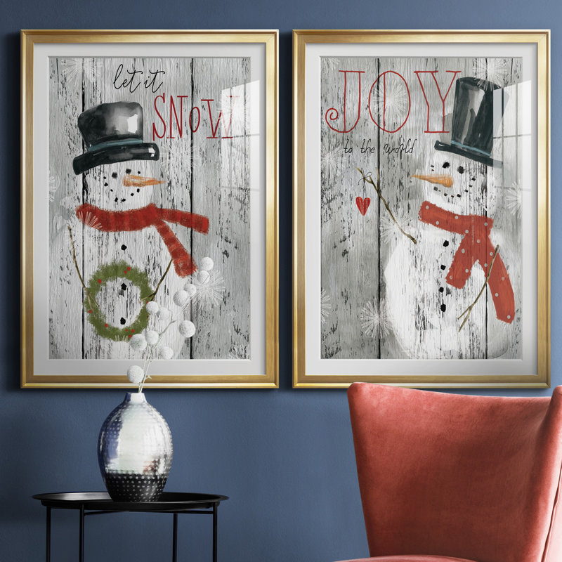 «Let It Snow Snowman», ensemble de 2 reproductions d'art textuel, H 26,5 po x l 73 po x P 1,5 po, Papier encadré doré, Blanc