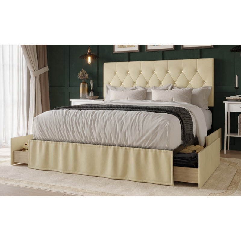 Lit à panneaux tapissier avec rangement Tandy, Beige, Très grand