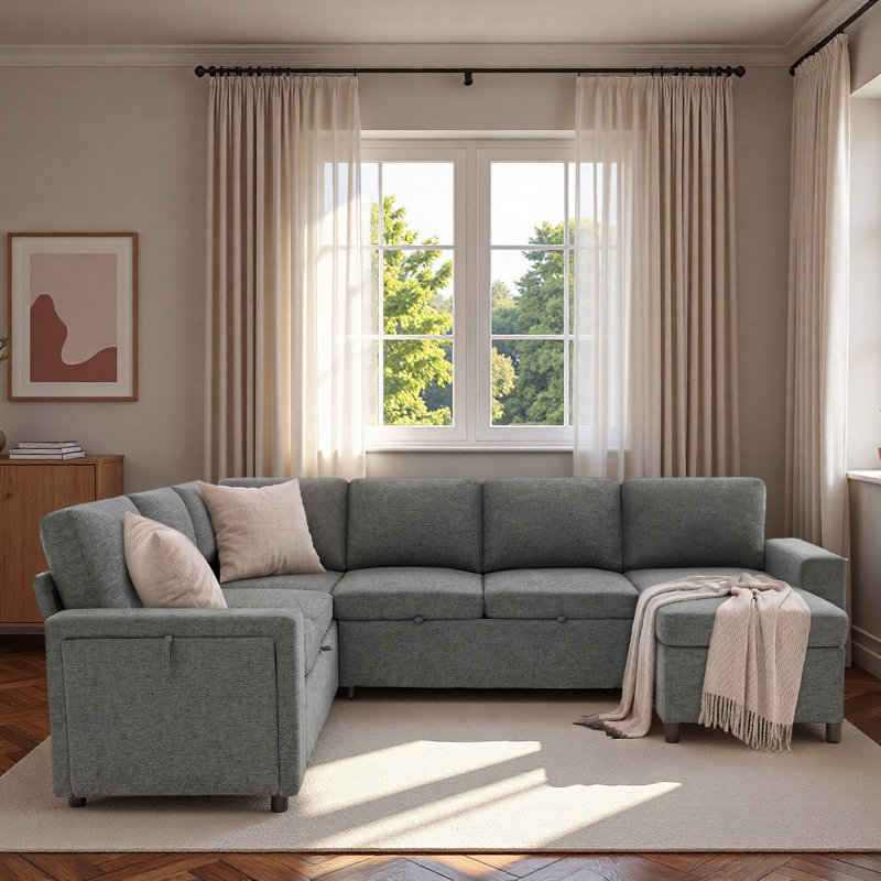 Canapé-lit modulaire en U convertible avec rangement, ports de chargement USB et porte-gobelets, Grey Chenille
