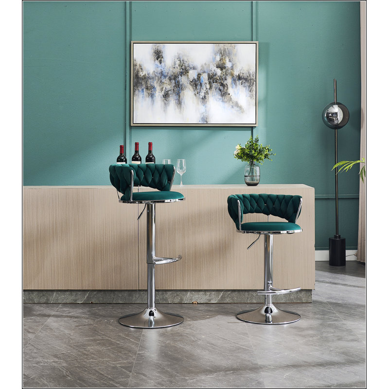 Set of 2 Adjustable Swivel Bar Stools with Chrome Footrest and Base, Velvet Upholstered for Comfort and Style, Green, Green