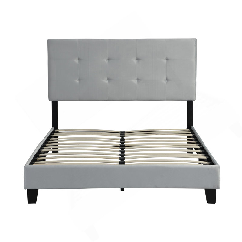 Structure de lit double tapissier pleine grandeur avec tête de lit capitonnée à tirette, support de lattes en bois massif, sommier à ressorts, aucun sommier requis, assemblage facile, gris