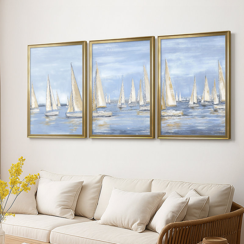 NAUTICAL Series I - Toile tendue avec châssis sur mesure - 3 pièces, H 30 po x l 63 po, Doré