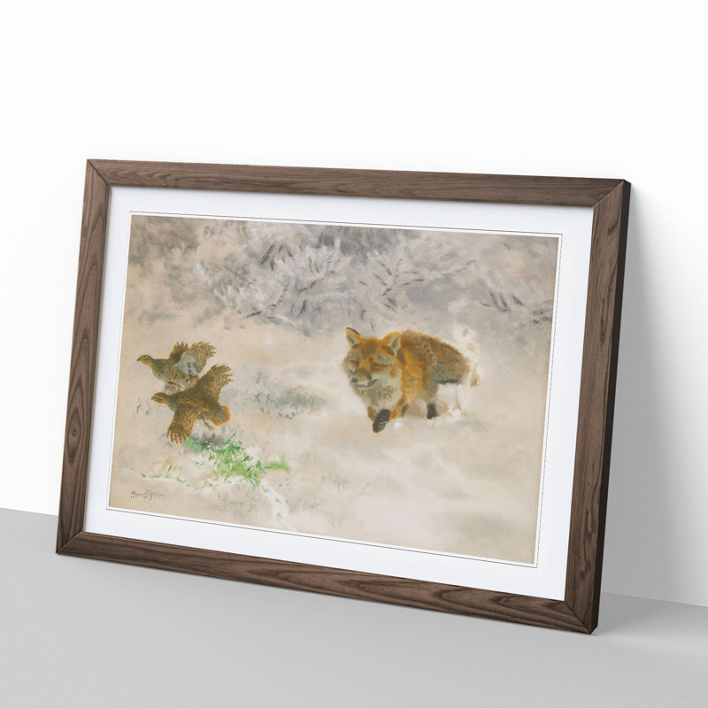 Fox Hunting Black Grouse by Bruno Liljefors - Picture Frame Painting, 36cm H x 48cm W x 2cm D, Walnut Framed