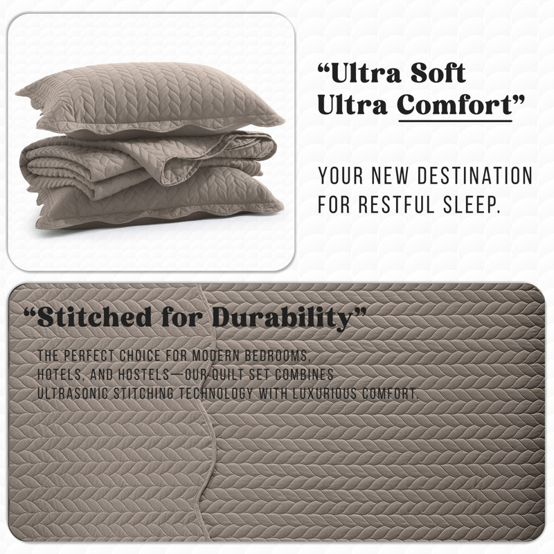 Embossed Quilted Bedspread Set – Soft Microfiber Coverlet With Pillow Shams, Hotel-Style Bedding For High Beds, Beige