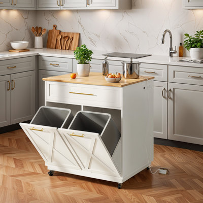 Beal Rolling Kitchen Island, Kitchen Storage, Kitchen Cabinet with Double Tilt Out Trash Can Storage Cabinet and Charging Station