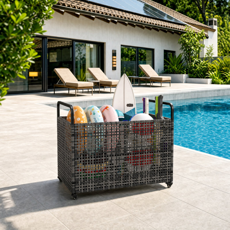 Bac de rangement flottant robuste pour piscine extérieure - Grand chariot roulant en maille avec roues et main courante - Roulettes verrouillables - Style PE rotin - Banc de rangement de patio pour piscine - Taille: 115 x 61 x 91 cm, gris creux