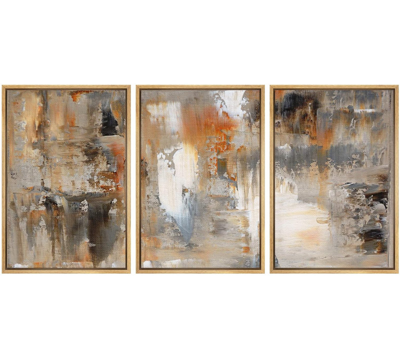 «Black, White and Orange Brushstrokes Abstract Shapes Chic Ultra on Canvas», reproduction de 3 pièces, H 36 po x l 72 po