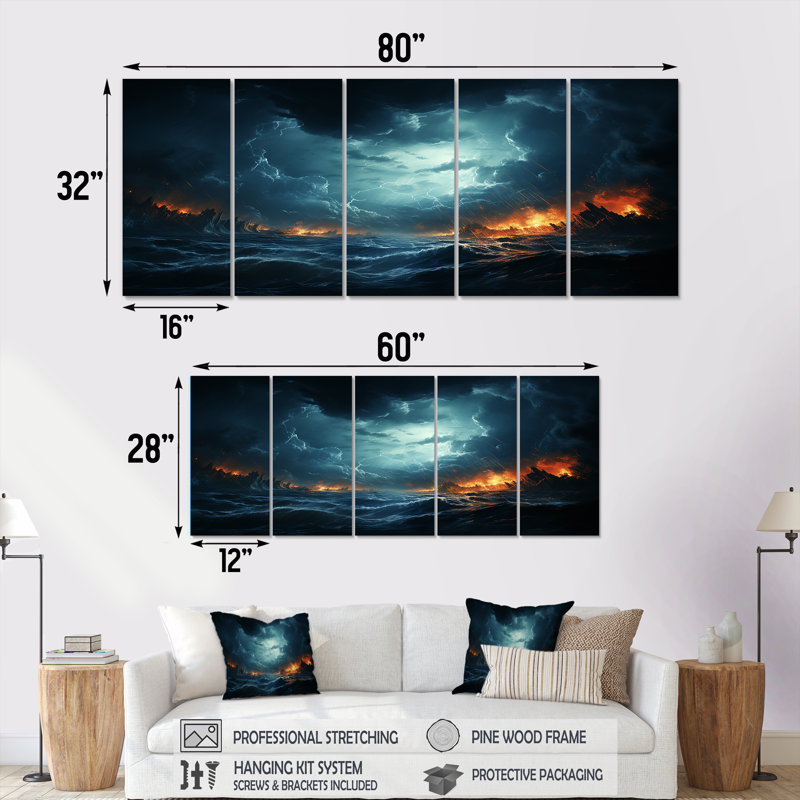 «Ethereal Stormy Skies Horizon I - Storms», art mural 5 pièces, H 28 po x l 60 po