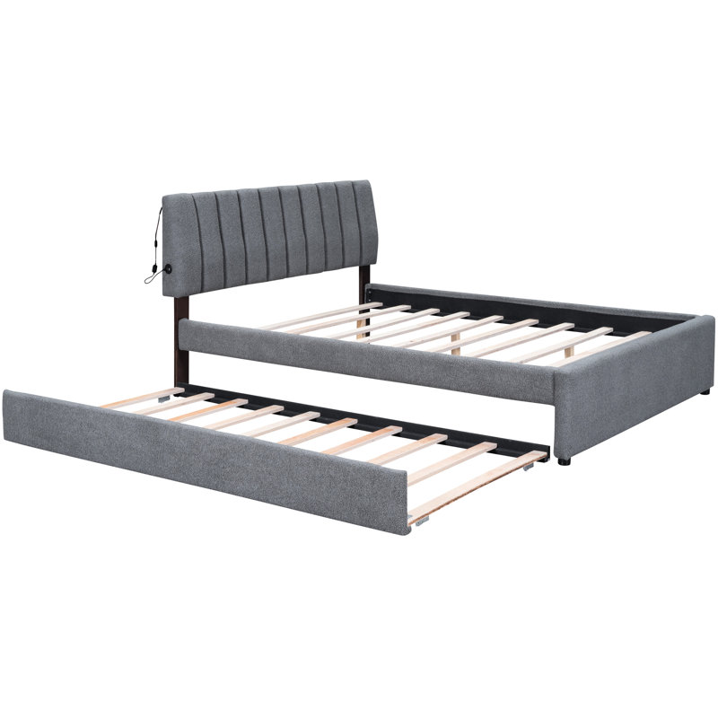 Grand lit tapissier grand avec lit gigogne simple TG et aspect poli, molleton gris, structure stable, Grand lit, Gris