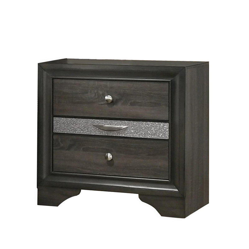 Table de chevet 3 tiroirs en bois avec boutons ronds en nickel, gris, Brun