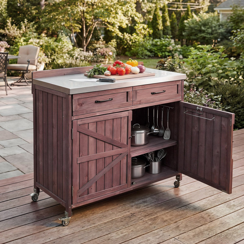 39.4" Outdoor Kitchen Island With Stainless Table Top, Dark Brown