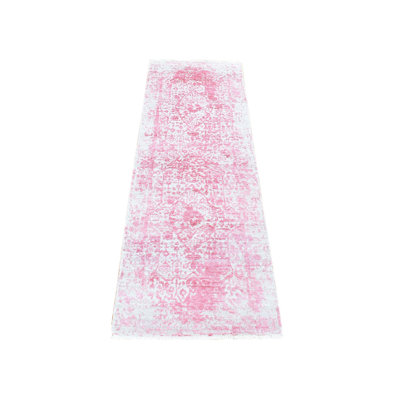 Tapis de couloir rose en laine / soie noué à la main 2 pi 6 po x 7 pi 9 po F78F4AD49B78495F8863CE08B3A3A574