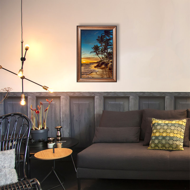 Art mural personnalisé sur toile de plage tropicale personnalisée avec noms et date sur mesure - Décor romantique de palmier au coucher du soleil