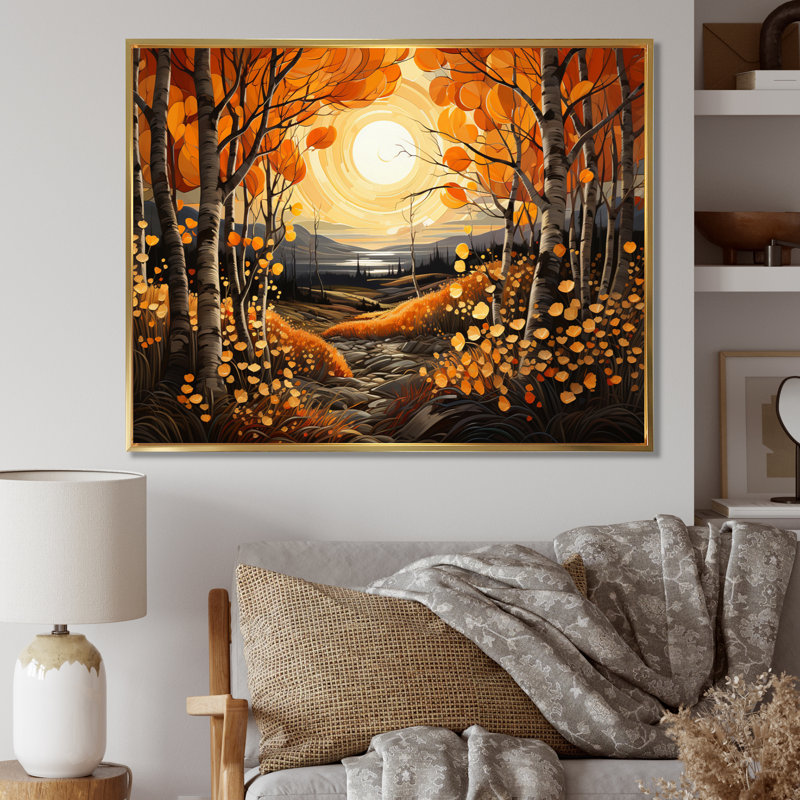 Birch Woods Gilded Pathway VI - Imprimé, Cadre flottant doré, H 24 po x l 32 po x P 1 po