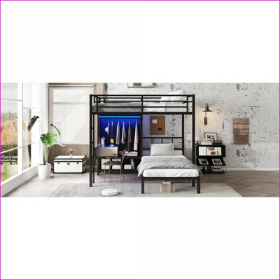 Full XL Over Twin Metal Bunk Bed with Folding Desk &amp; LED Closet, Noise-Reduced Space-Saving Black