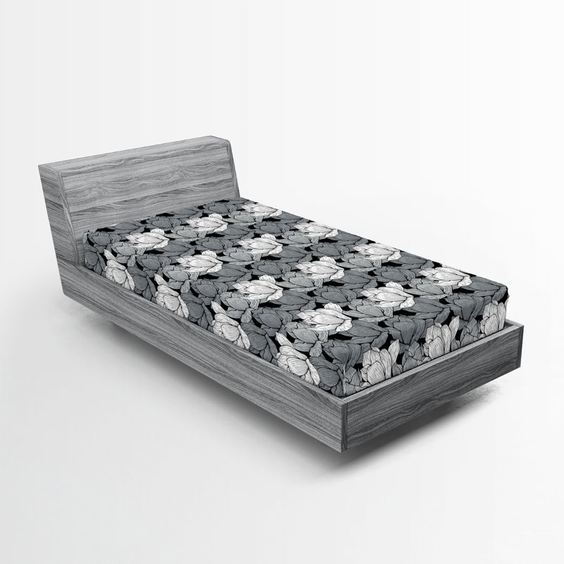 Ensemble de 2 draps-housses Ambesonne, Drap-housse de taille simple, Noir, gris, blanc / floral