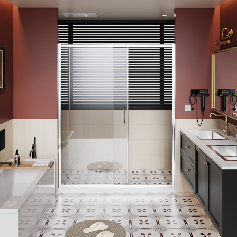 60.In W X 72.In H Single Sliding Shower Door, 1/5 Inch Thick Clear Tempered Glass Shower Door With Stainless Steel Handle, Chrome