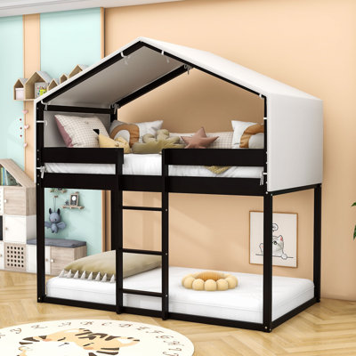 House-Shaped Twin Over Twin Wood Bunk Bed With Play Tent