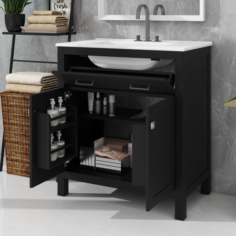 Ensemble de meuble-lavabo autoportant de 30 pouces avec lavabo simple avec tiroirs, une armoire et un tiroir basculant, Noir