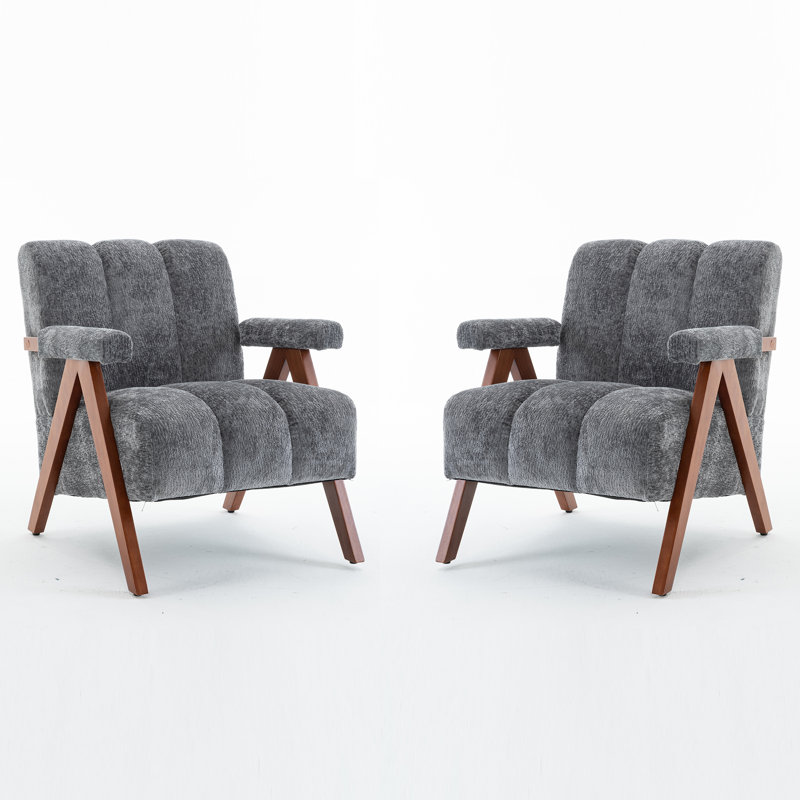Mid Century Modern Armchair With Channel Tufted(Set Of 2), Gray