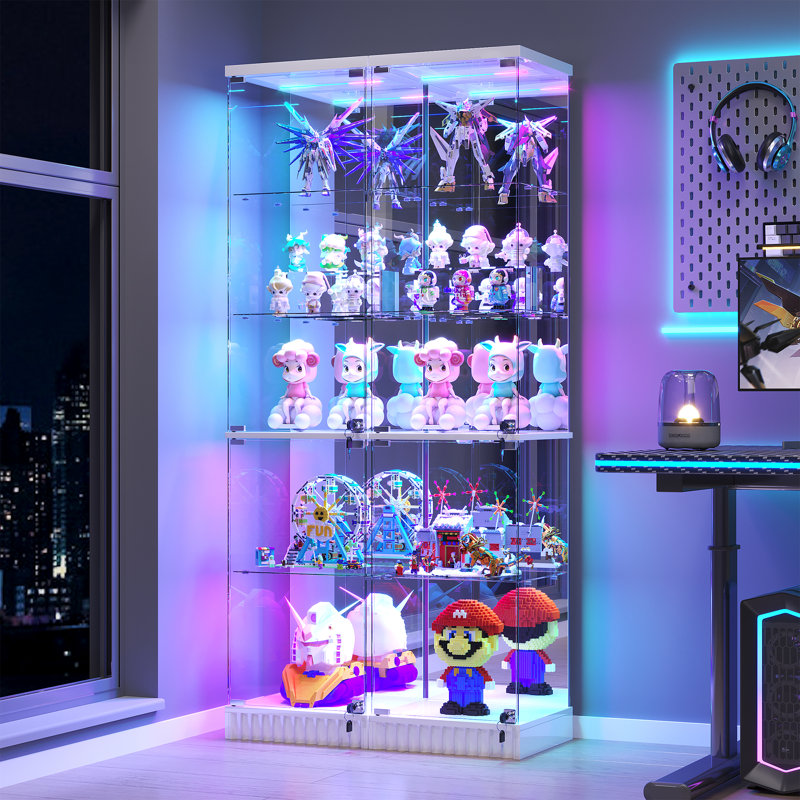 Glass Display Cabinet with Sensor RGB Lights, Wine Cabinet with Lock, White