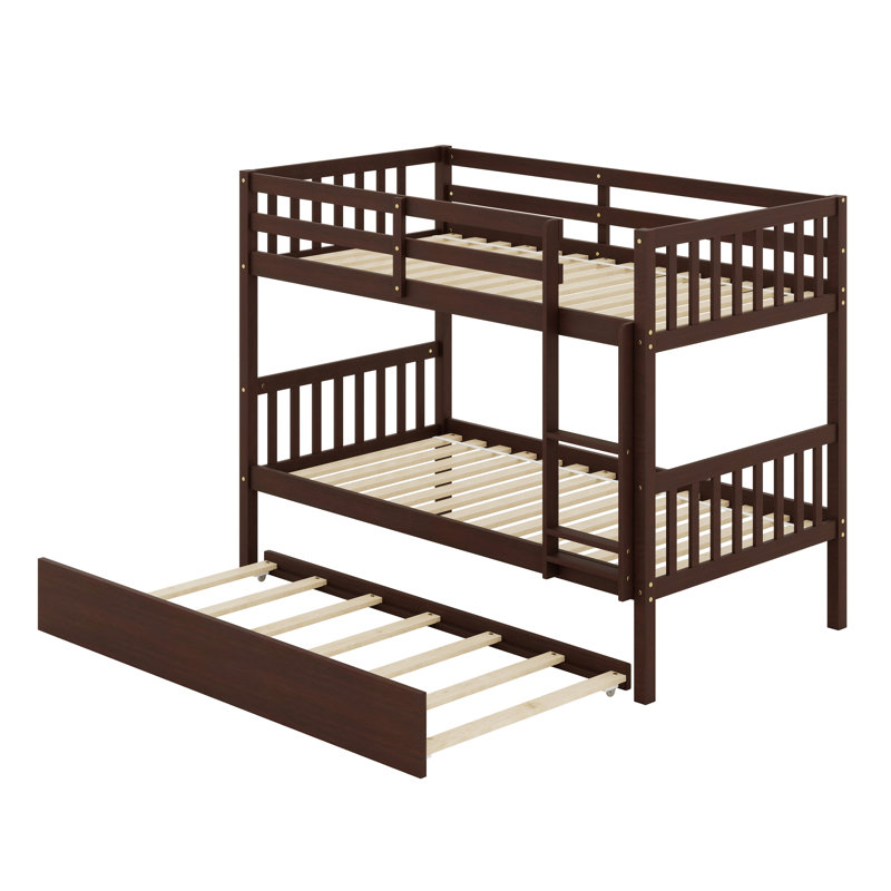 Rubber Wood Bunkbed With Trundle And Ladder,Convertible Into Two Beds, Espresso