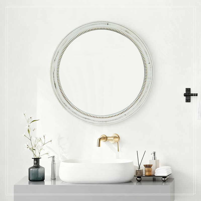 Miroir rond rond en bois patiné et perles, 23,62 "Farmhouse Vintage, Bois naturel blanc et gris