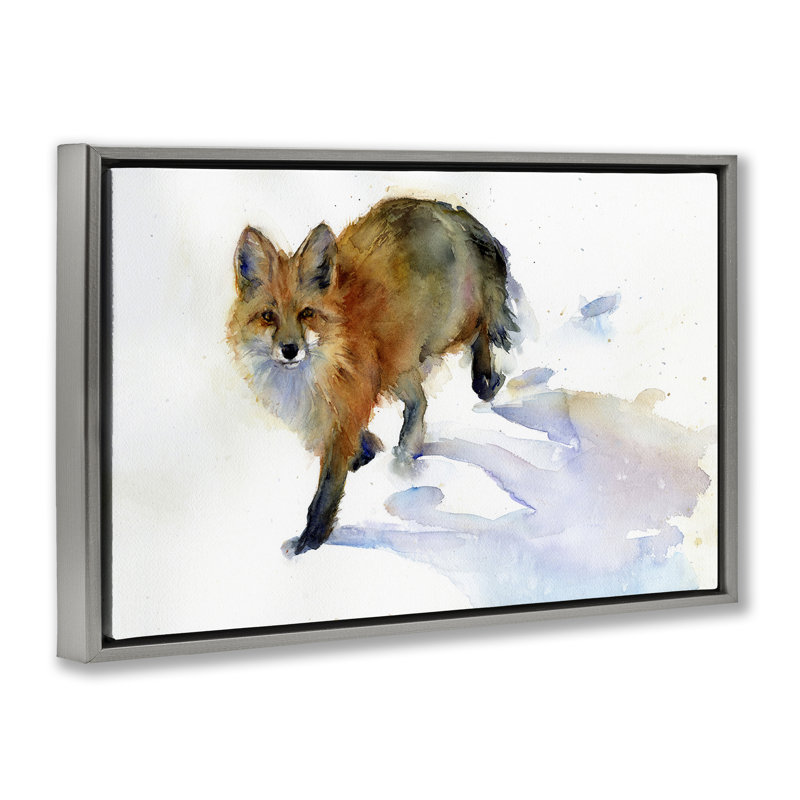«Stepping Fox in Snow» par John Keeling, H 21 po x l 31 po, Cadre flottant gris lustré