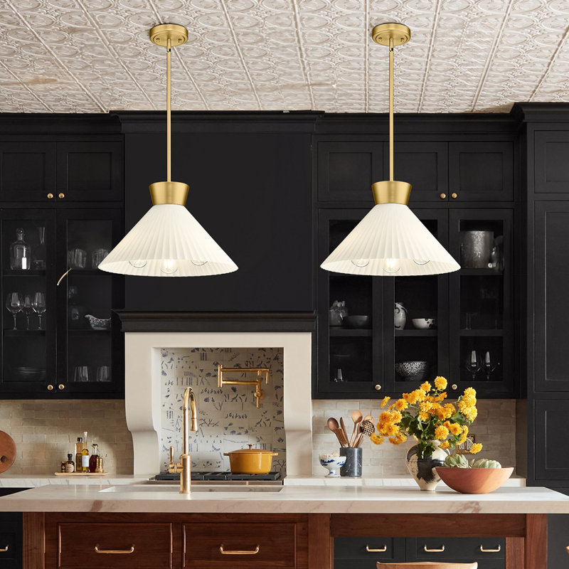 3 - Light 16'' White Glass Vintage Pendant Light Brushed Gold