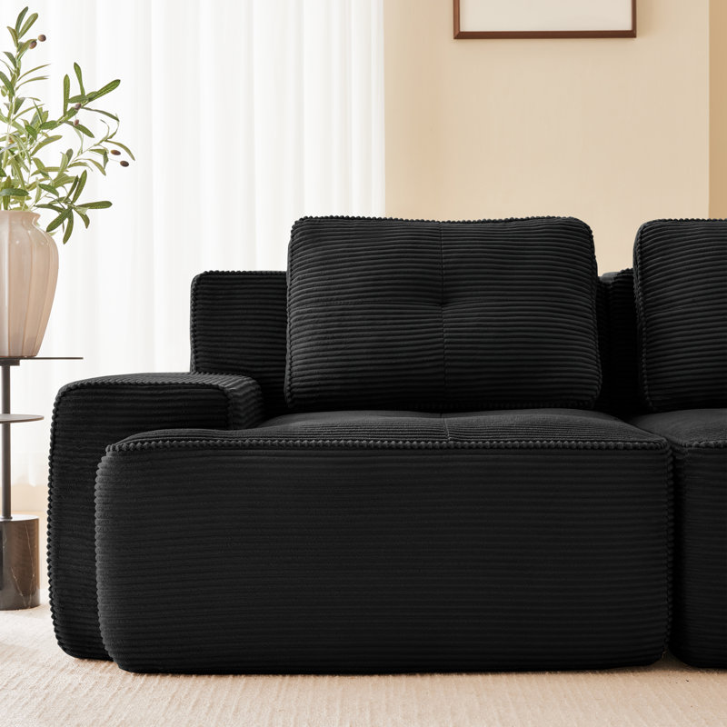 82"  Wide Tufted Corduroy Comfy Cloud Couch L-Shaped Modular  Sectional Loveseat Sofa with Deep Seat and Movable Ottoman, 3