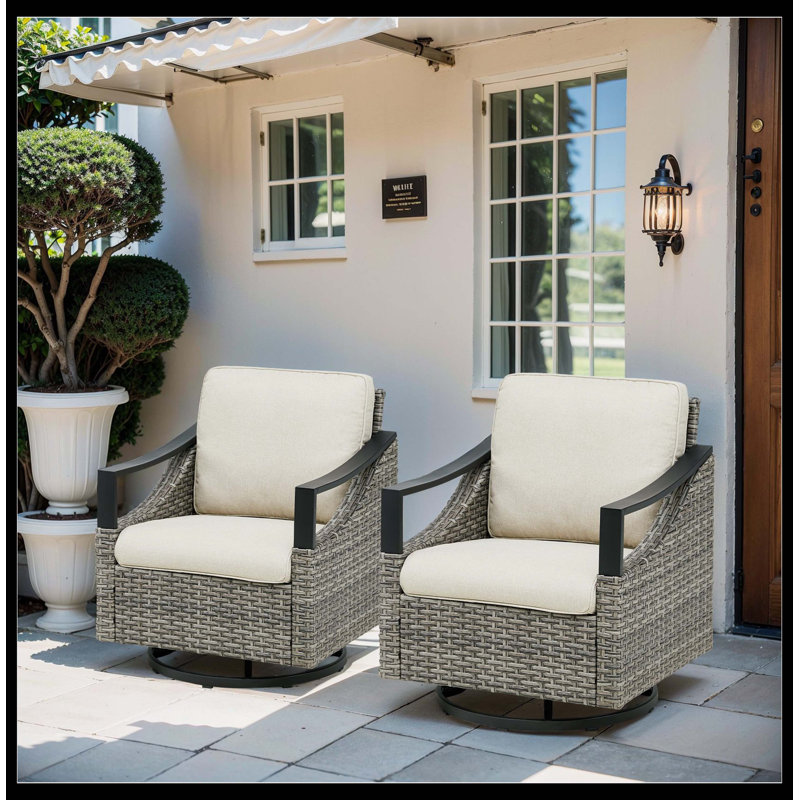 Ensemble de chaises berçantes pivotantes en osier toutes saisons pour l'extérieur, Beige, Gris