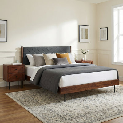Acacia Astoria Upholstered Bed Frame with Headboard, Contemporary Signature High Headboard Wood Bed