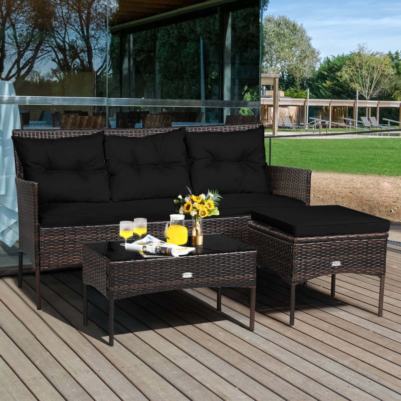 3 Pcs Patio Rattan Furniture Set 3-seat Sofa Cushioned Table Garden Black