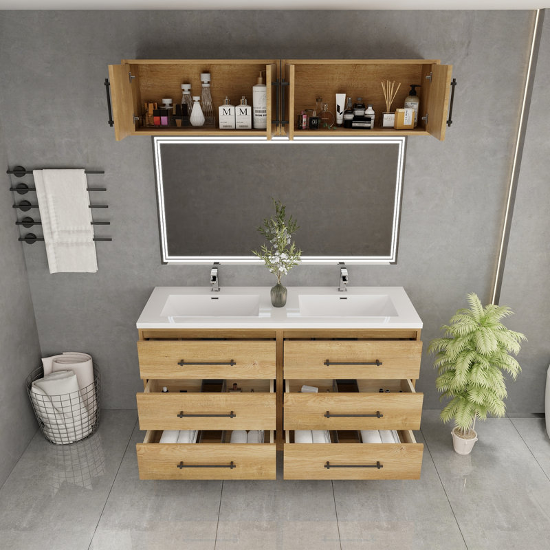 Meuble-lavabo autoportant de 60 po avec dessus double en acrylique renforcé Victoria, Chêne