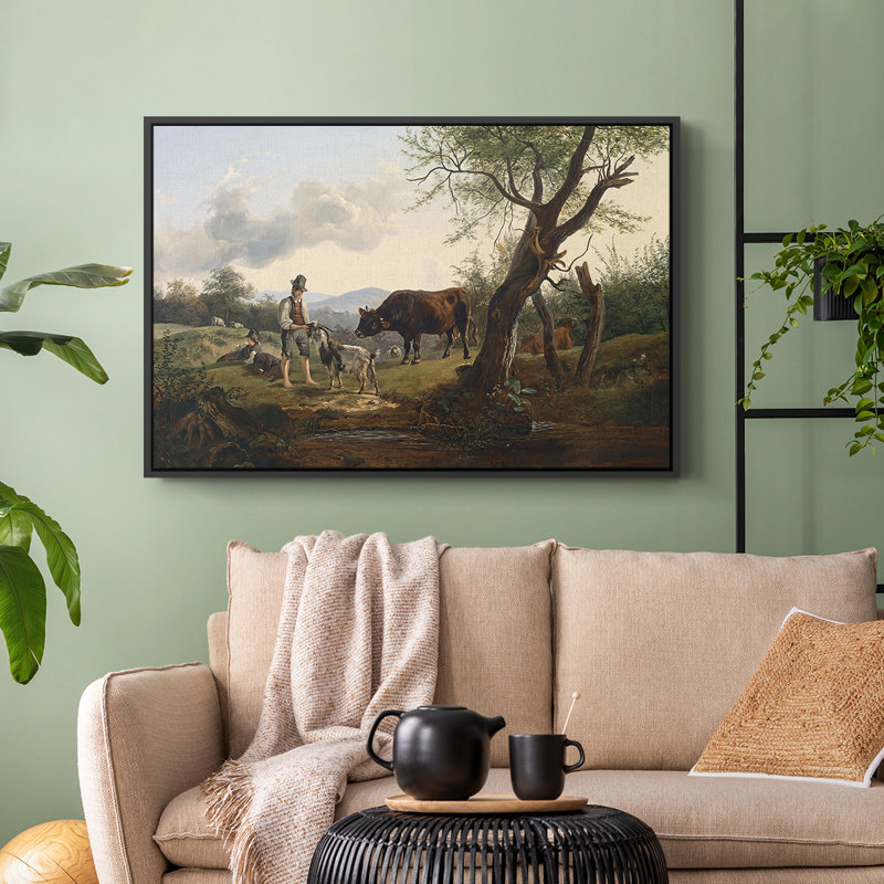 Berger avec Billy Goat, v. 1830 - Peinture encadrée sur toile tendue avec encadrement 1830, 24 po x 36 po, Noir