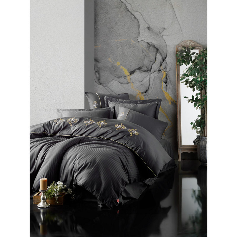 Ensemble de housse de couette luxueuse en satin, 100% coton, anthracite et or | Comprend 1 housse de couette (78,7 x 86,6 po), 1 drap plat (94,5 x 102,4 po), 2 taies d'oreiller (19,7 x 27,6 po), 2 taies décoratives | Impression réactive, lavable à la machine, design élégant
