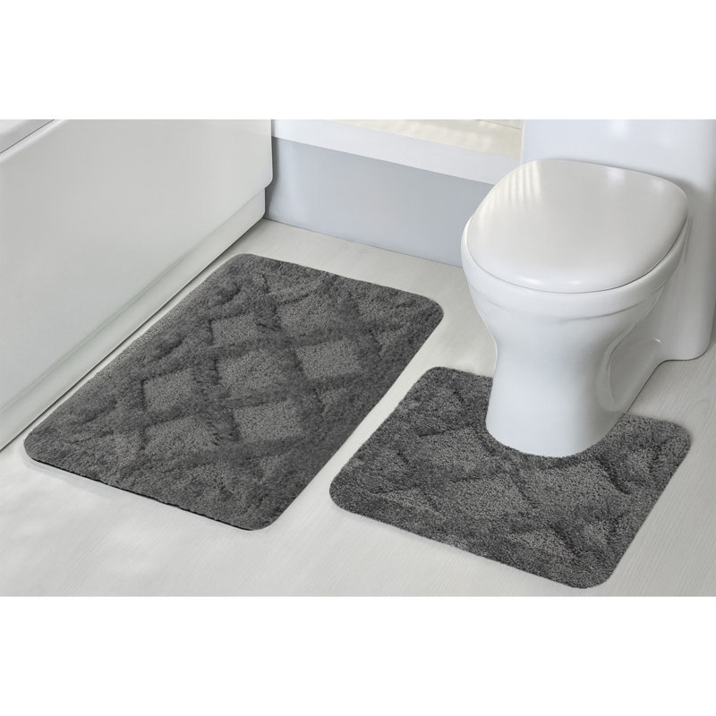 3D Diamond Tuft Effect Supersoft High Density Anti Slip Knox Bath Mat Set, Black